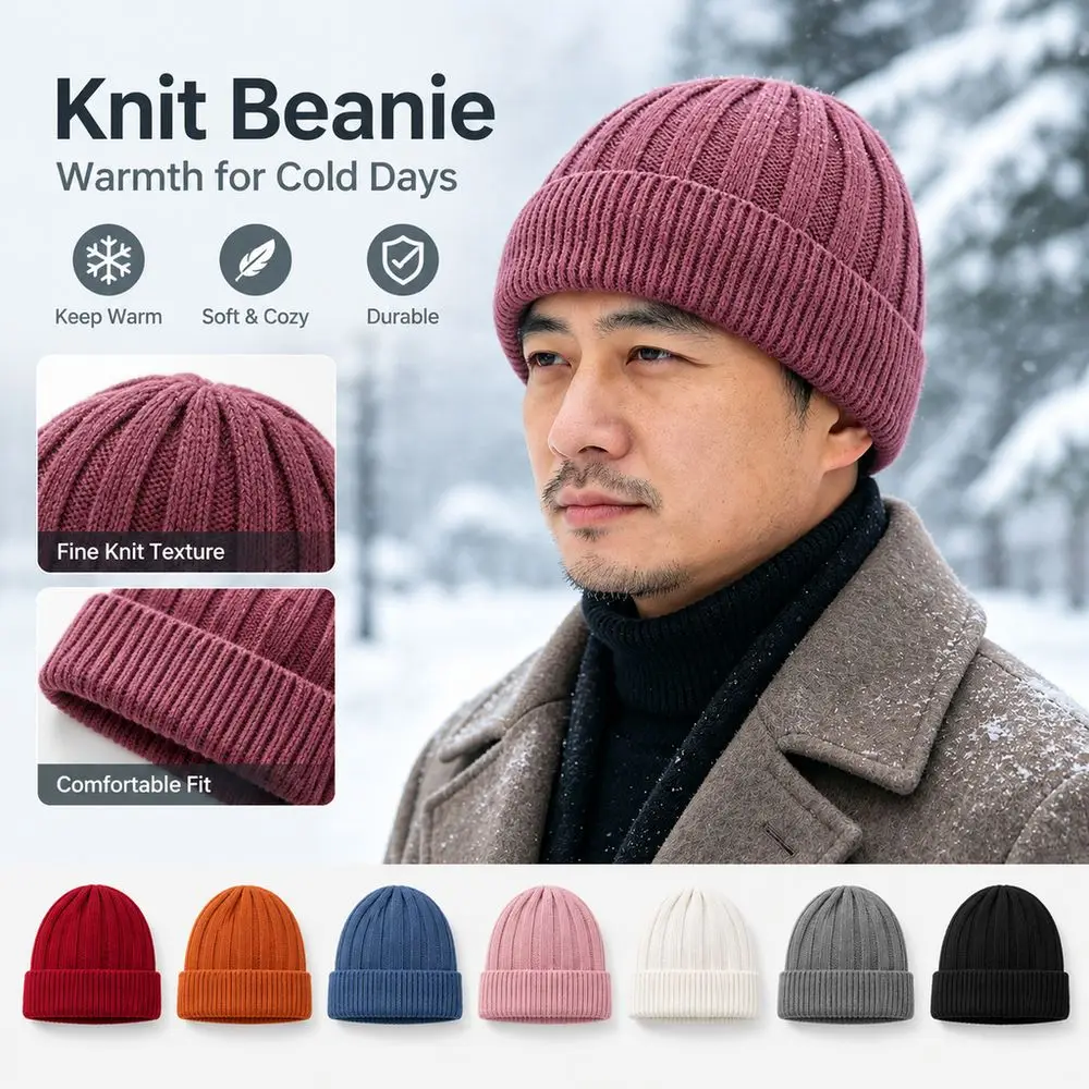 Ribbed Knit Knitted Beanie Hat Ear Protection Thick Warm Fleece Lined Beanie Elastic Cuff Solid Winter Knit Hat Men Women