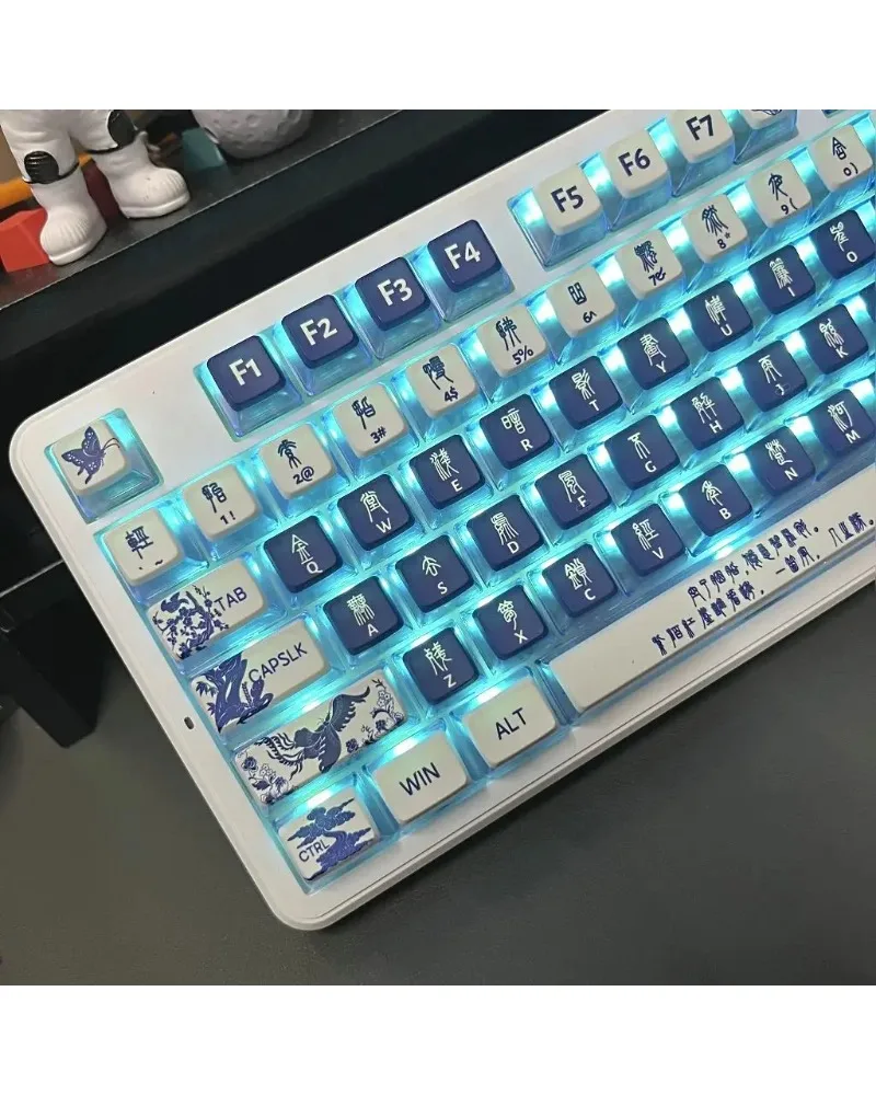 blue and white translucent clear pbt dye sub keycaps full set oem profile for mechanical keyboards