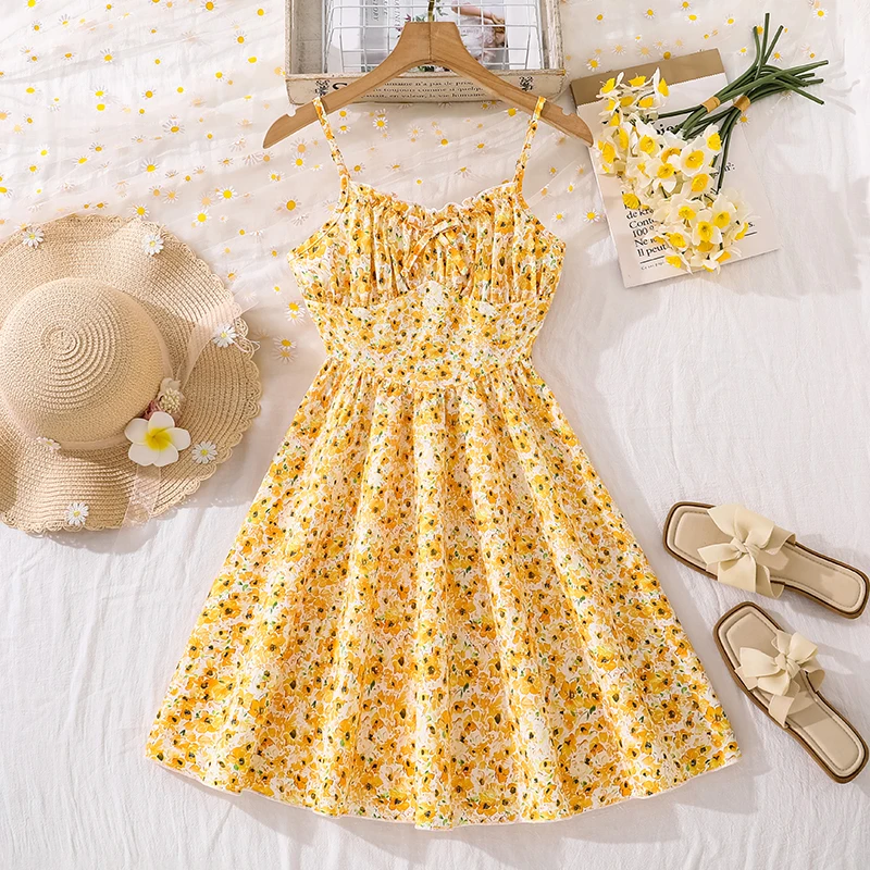 

Girls 8-12 Casual Dress, Yellow Floral Spaghetti Strap Smocked A-Line Dress, Sweet & Fresh for Daily Summer Wear