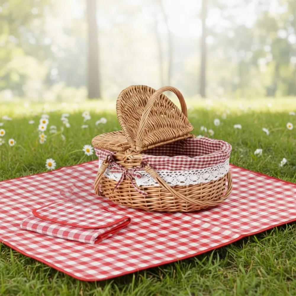 

Vintage Wicker Picnic Basket with Split Lid & Folding Handle, Portable Hamper for Outdoor Hiking Camping Family