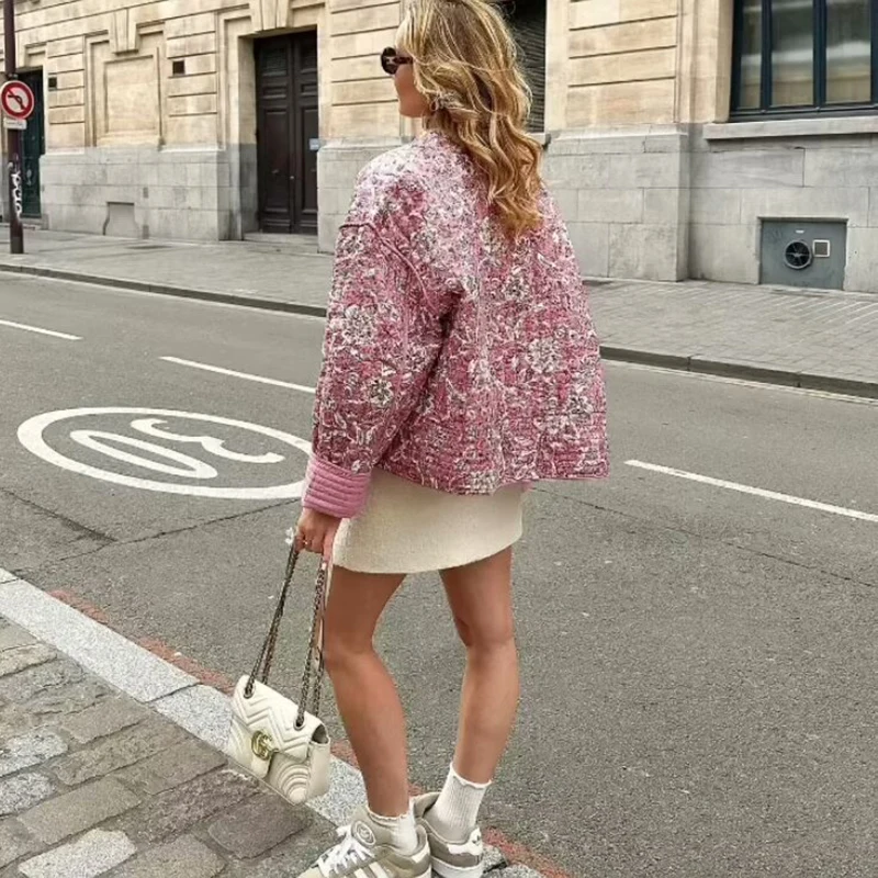 Chaquetas holgadas con estampado Floral para mujer, abrigo Vintage con cuello redondo, Parkas de un solo pecho, prendas de vestir exteriores