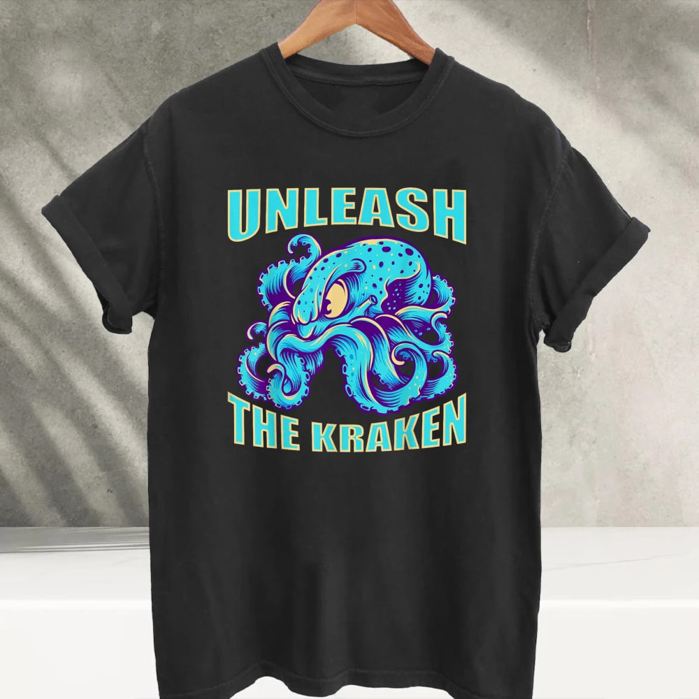 Unleash The Kraken Graphic T‑Shirt Men Women Vintage Sea Monster Octopus Print Crew Neck Short Sleeve Tees Cotton Casual Tops