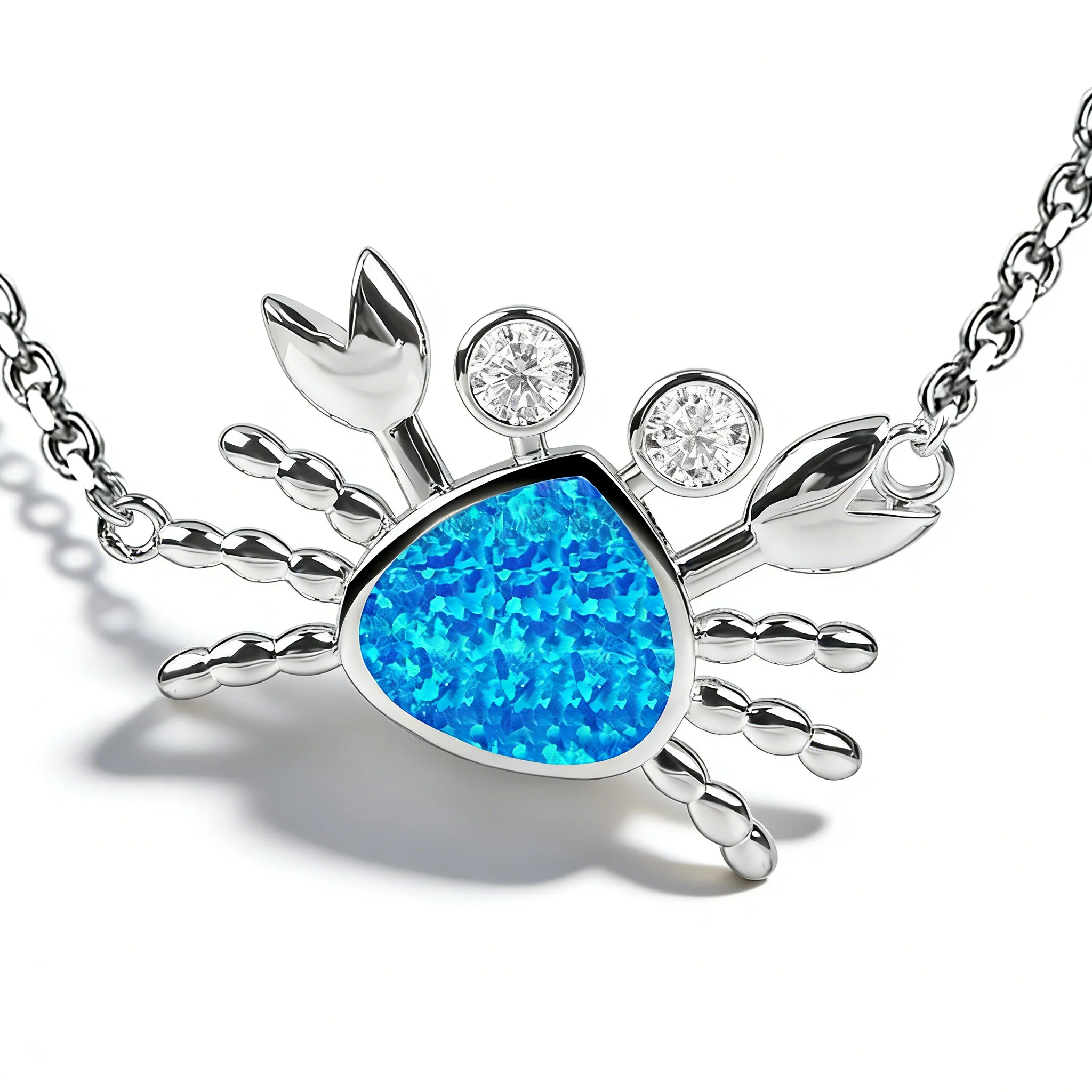 

Милое ожерелье с подвеской в форме краба, корпус с синим опалом и сверкающими цирконами, серебряные украшения на тему океана, изящный подарок для любителей моря