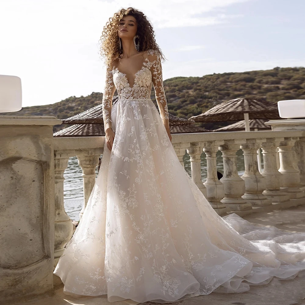 

Великолепные кружевные платья с длинными рукавами Vestidos De Novia, прозрачные свадебные платья с открытой спиной и аппликацией, Vestido De Noiva