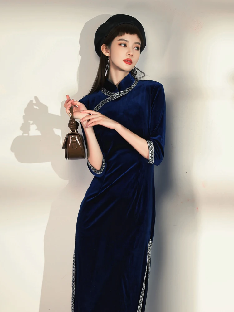 

Revised Long Velvet Dr Vintage Sle Spring Autumn High Collar Full Sve Women's Traditional Chinese Costume