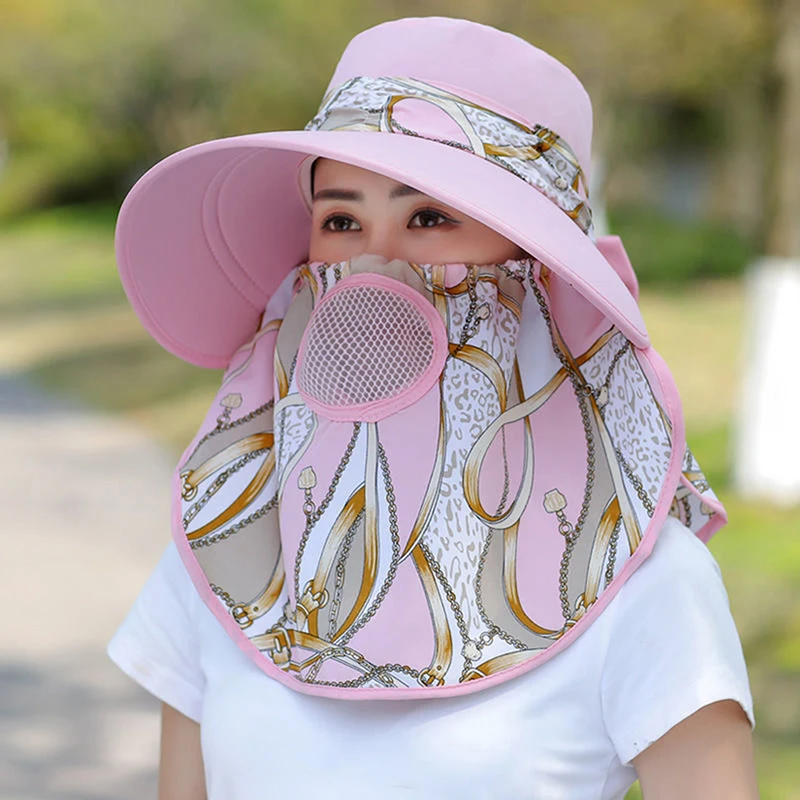 Sombrero de ala ancha para mujer, sombrero de pescador transpirable con estampado al aire libre, máscara facial desmontable, protección UV, Verano