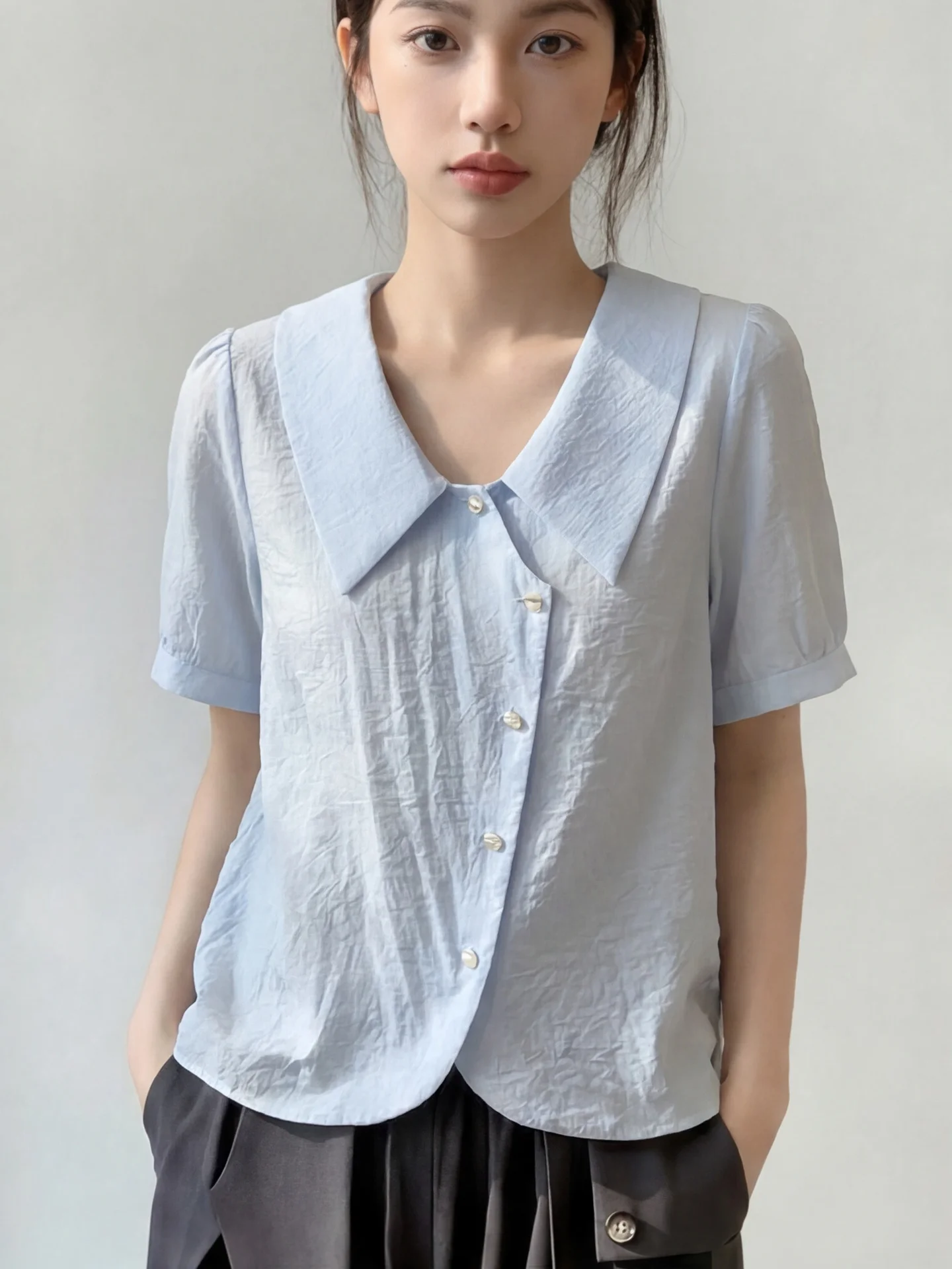 

Blue Ice Silk Cotton Linen Short Sleeve Shirt Women Summer Thin Loose Slimming Bubble Sleeve Top Anti-Aging Fashion