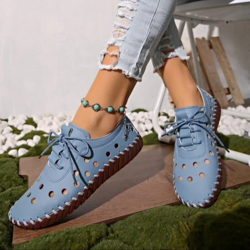

Soft Leather Hollow Breathable Women's Shoes 2025 New Beef Tendon Sole Sandals Flat Casual Single Shoes Soft Sole Mother Shoes