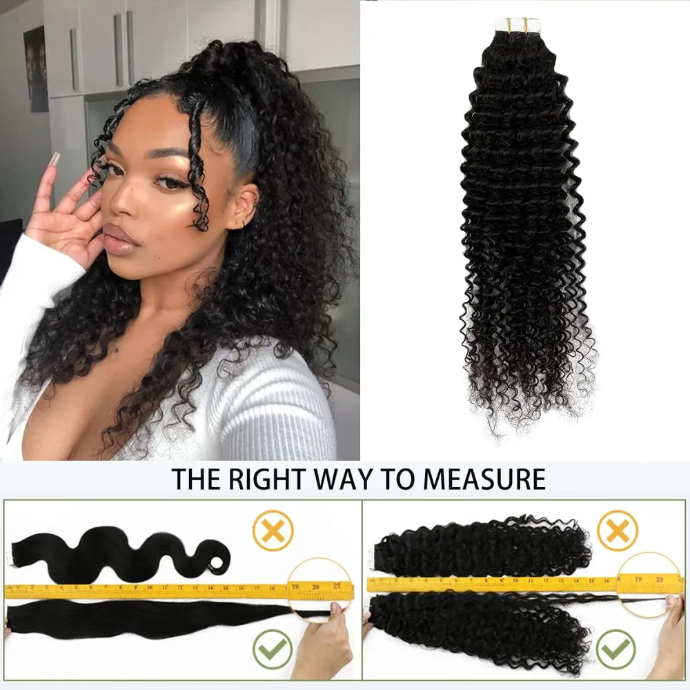 Deep Wave Tape In Hair Extensions Natural Black Color #1B Brazilian Tape In Extensions 16-26 Inches Seamless Invisible For Woman