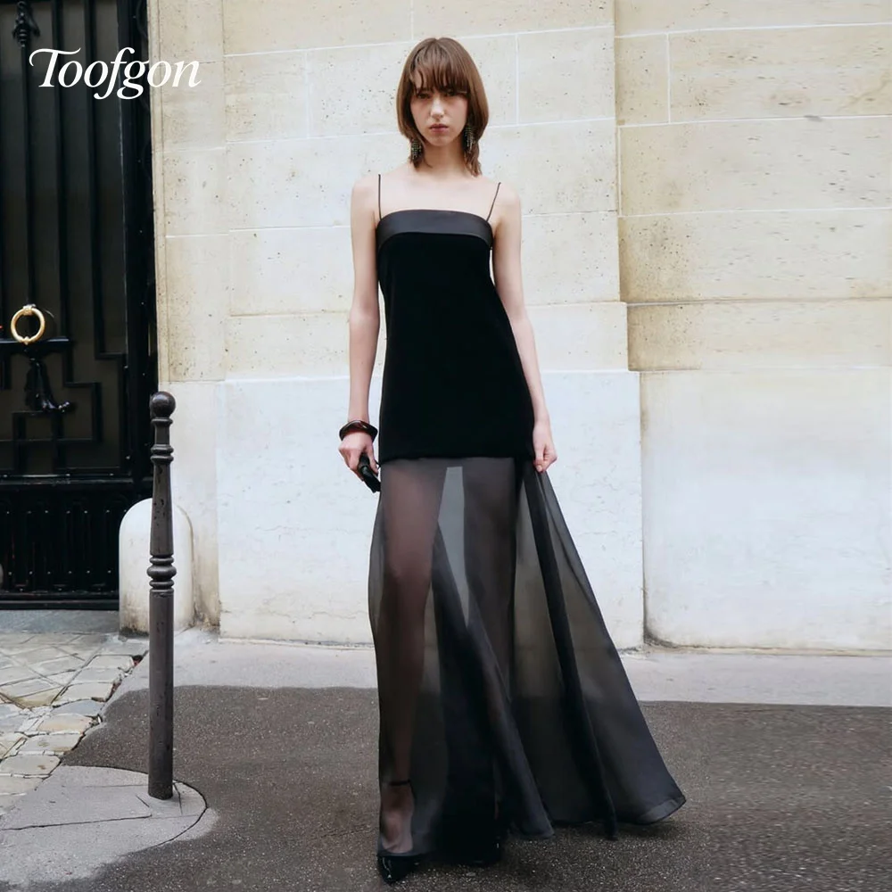 Toofgon Schwarze Spaghettiträger, maßgeschneidert, A-Linie, Ballkleider, Satin, Chiffon, formelles Party-Abendkleid, Korsett, Geburtstagskleider