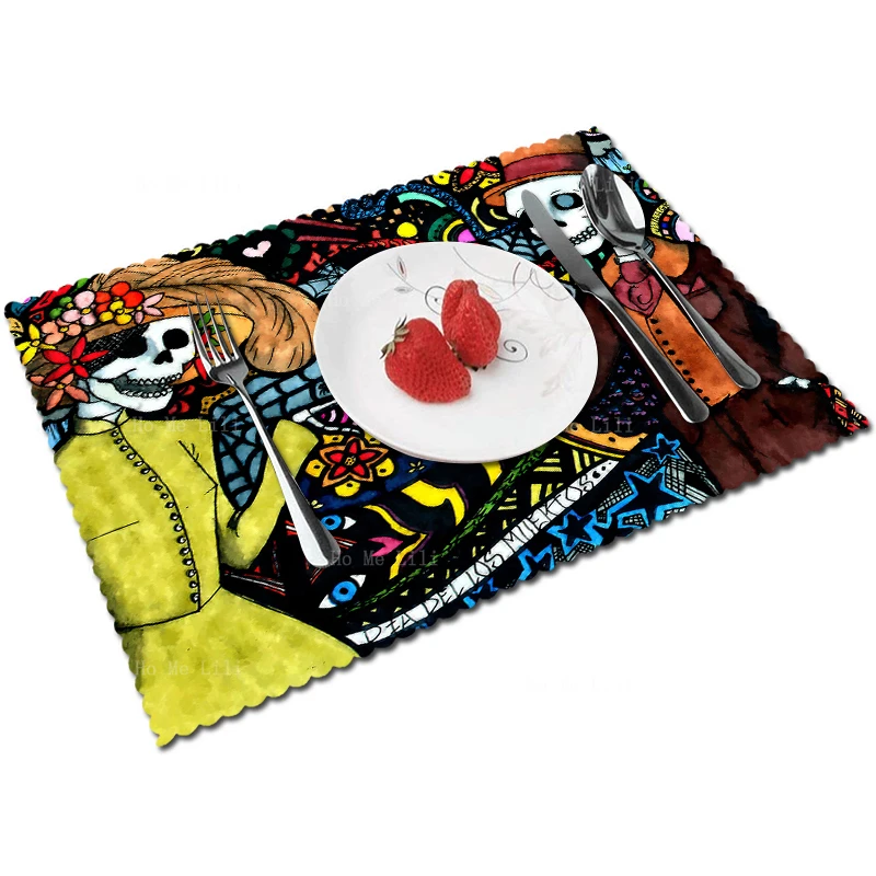 Fantasy Day Of The Dead Flower Sugar Skull Lovers Rose Trippy Cat Colorful Floral Cross Vintage Polyester Fabric Placemats