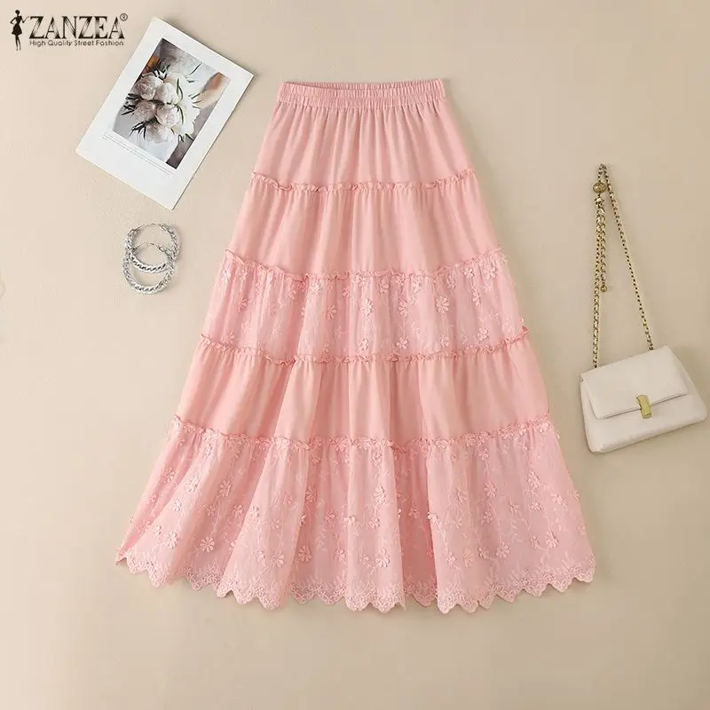 

Women's Elegant Ruffles Trim Pink Midi Skirts Elastic Waist Floral Embroidery Patchwork Tiered A-Line Skirt ZANZEA Woman Clothes
