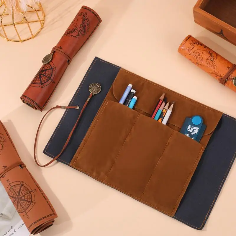 Neues 1-teiliges Kreatives Schatzkarten-Retro-Federmäppchen aus Leder, Große Rollbare Stifttasche mit Geprägter Schnalle, Einfache Schreibwarenbox zum Aufrollen