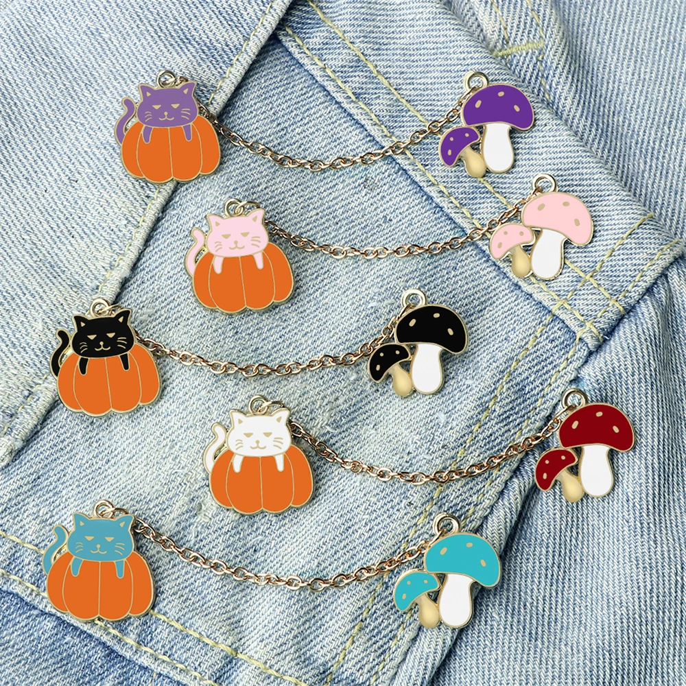 Cute Halloween Enamel Pins Cartoon Mushroom Brooch with Chain Funny Cat lying on Pumpkin Badge Backpack Lapel Jewelry Kids Gifts