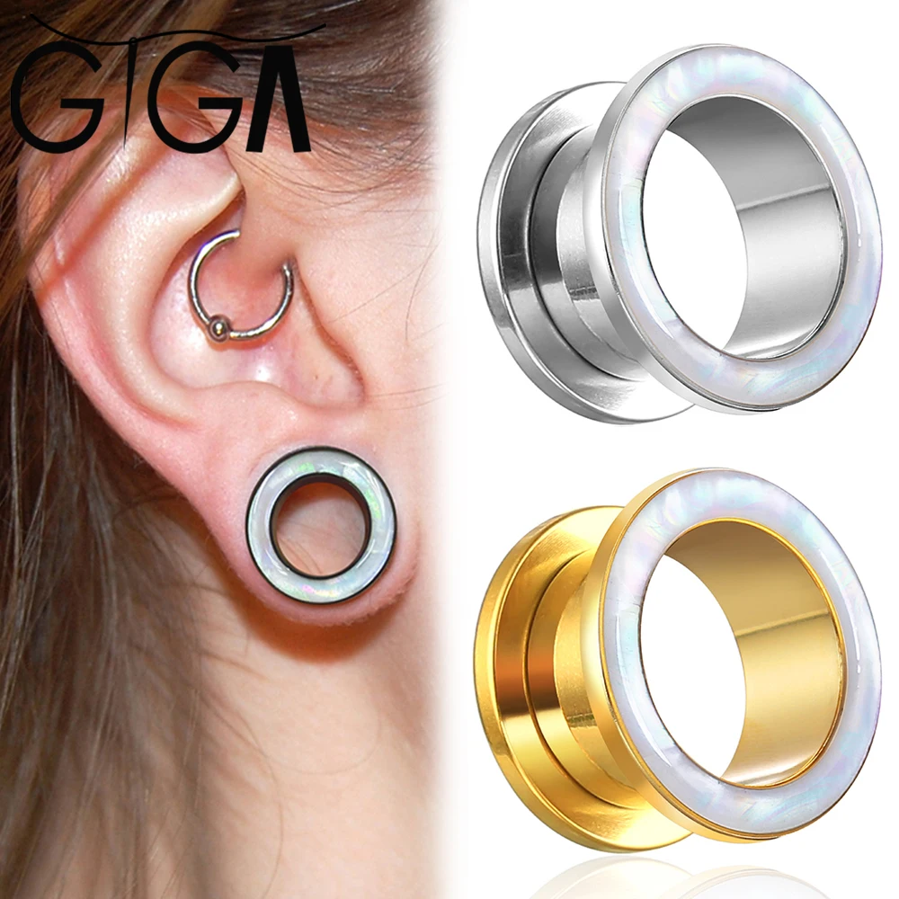

Giga 2PCS Hollow Round Conch Ear Tunnels Plugs 316 Stainless Steel Body Piercing Jewelry Ear Gauges Expander Elegant Women Men