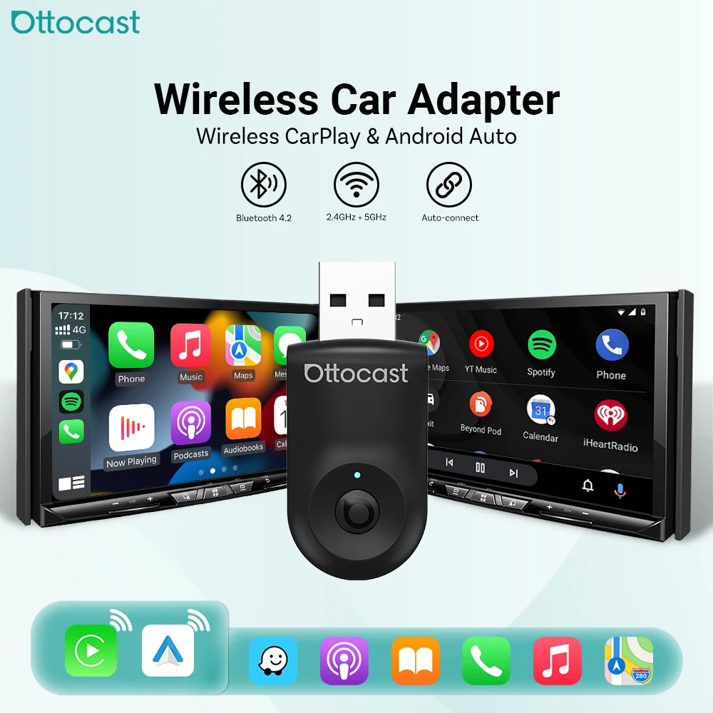 

Беспроводной адаптер OTTOCAST CarPlay и беспроводной донгл Android Auto 2026: без задержек, 5G двухдиапазонный Wi-Fi, обновление штатного проводного CarPlay