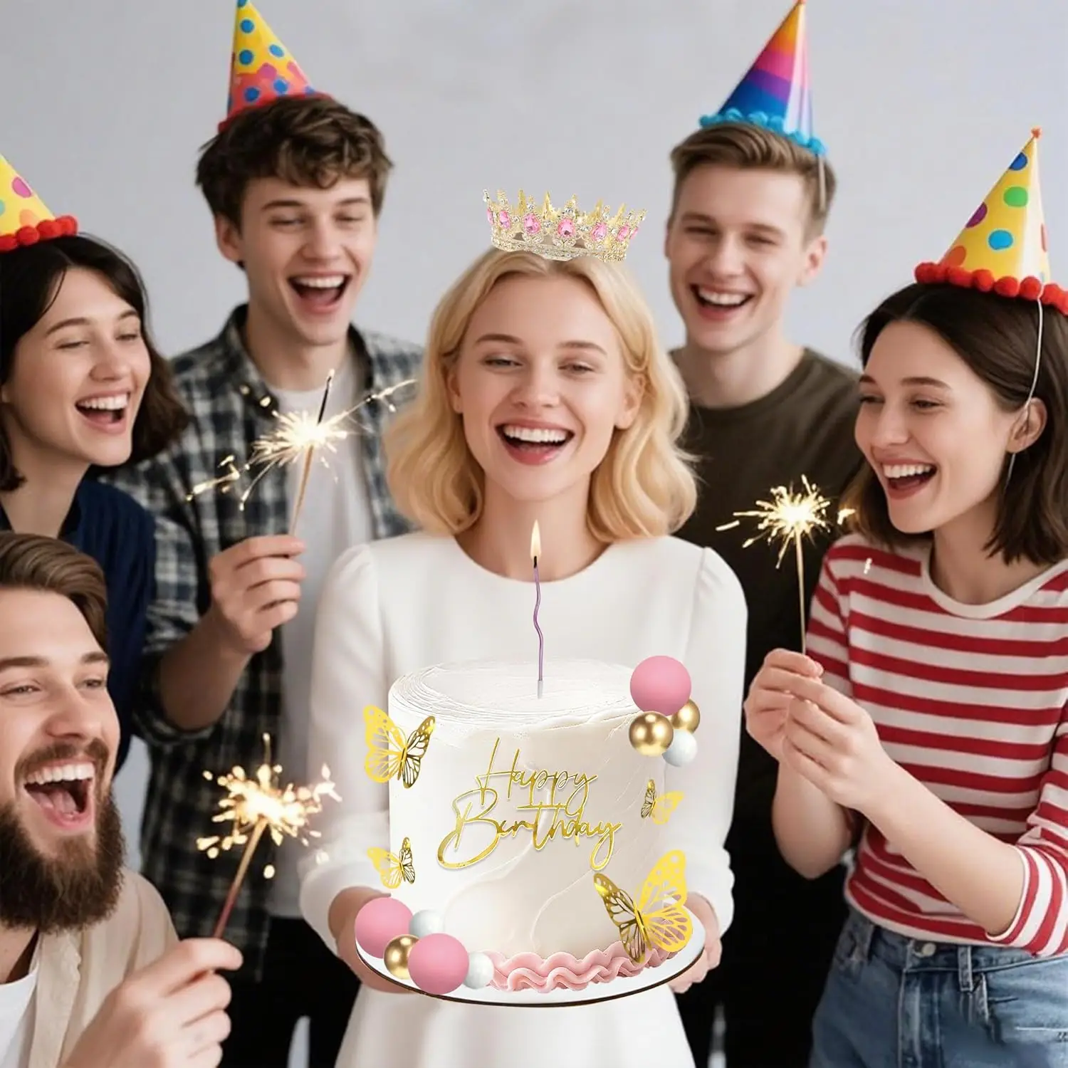 Kronen-Kuchenaufsatz, Kugeln, alles Gute zum Geburtstag, Kuchenaufsätze mit Kerzen, goldene Schmetterlinge, Kuchendekorationen für Hochzeit, Babyparty, Party – Detail 23
