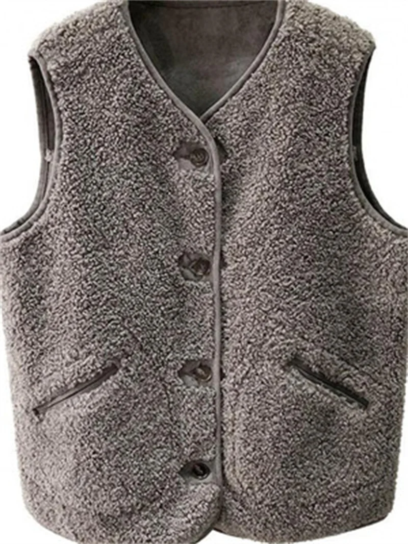 Lamb Wool Vest Female 2022 Spring and Autumn Fur One Loose Plush Korean Version of The Sleeveless Vest Trend Solid Color Commute