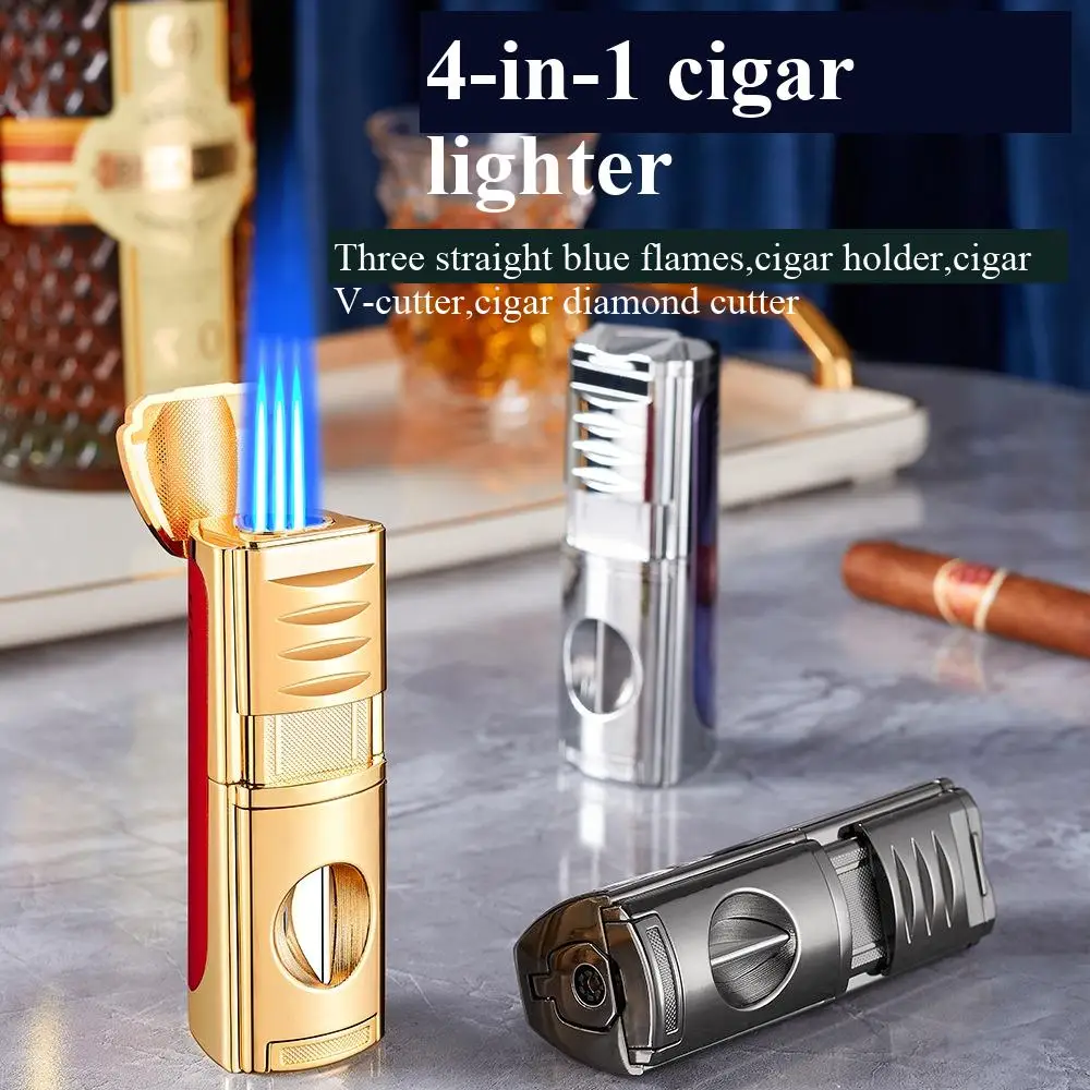 

Portable One Machine Four Purpose Metal Cigarette Lighter Three Straight Blue Flame Cigar Lighter Choice For Cigar Enthusiasts