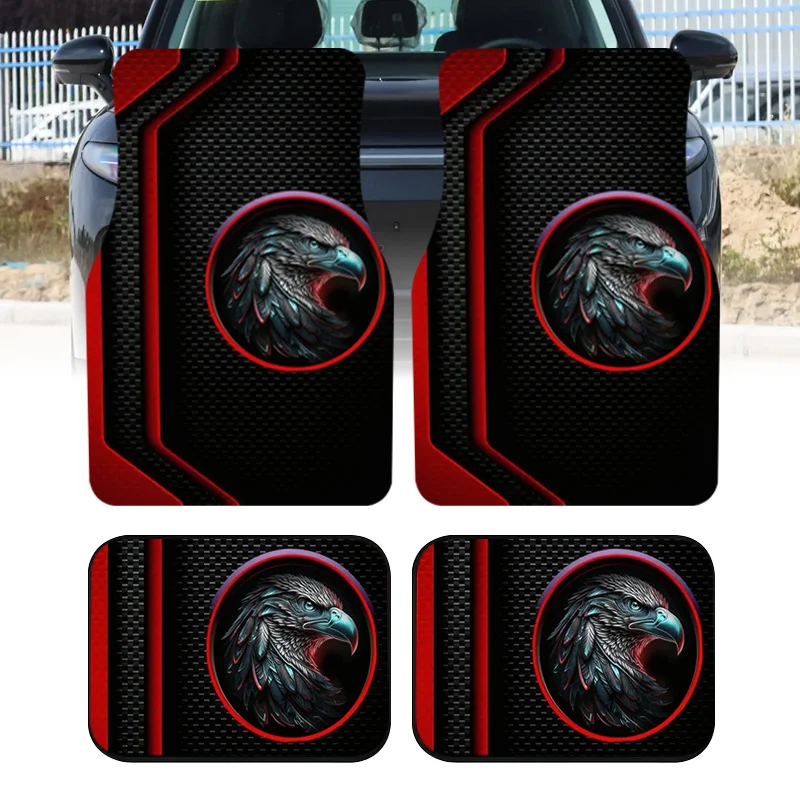New Car Mats, Available In Sets Of 2 Or 4, Featuring A Red And Black Carbon Fiber Eagle Theme, Suitable For Modern Vehicle Inter