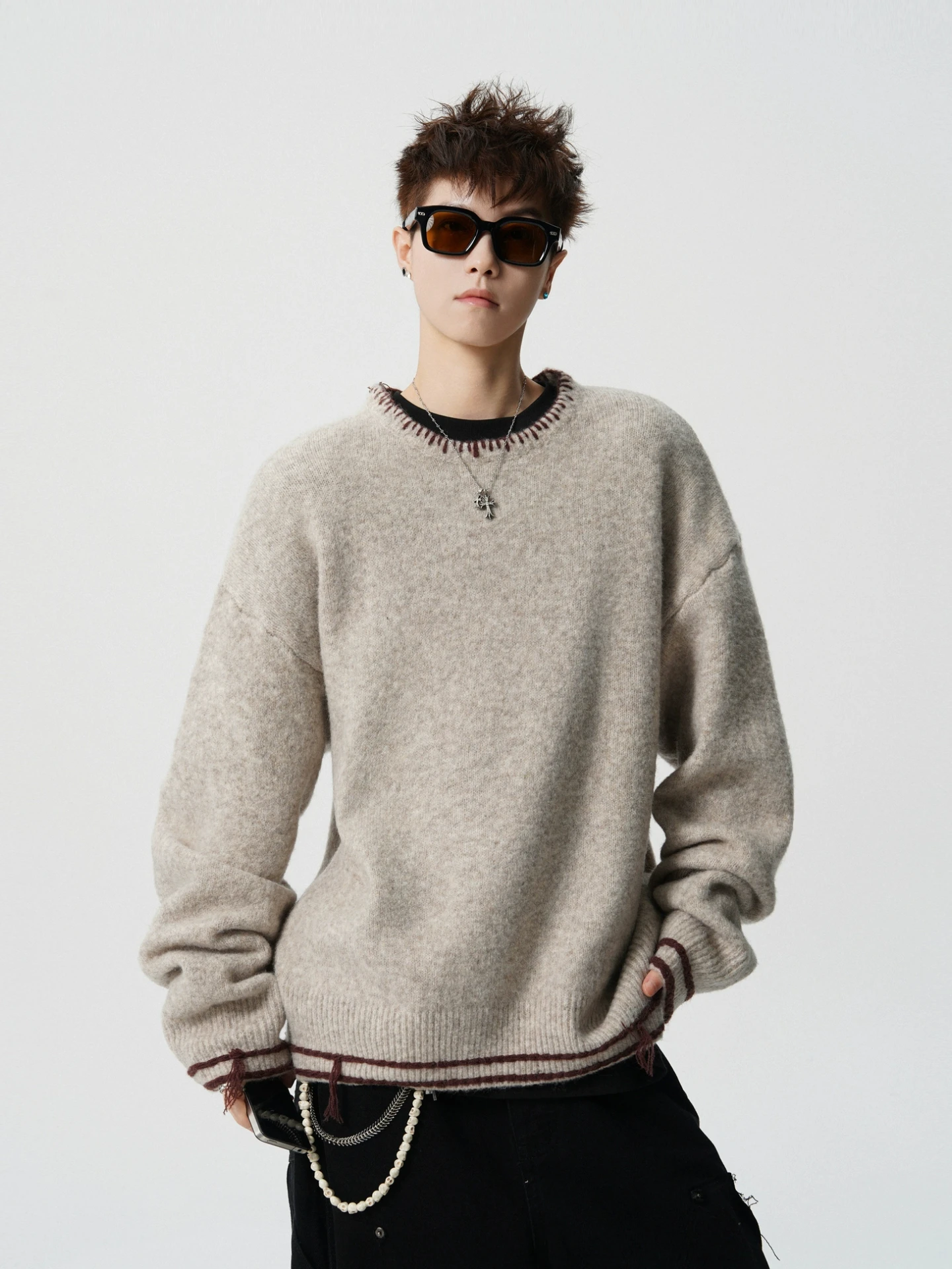 

Retro Hand-Sewn Knitwear round Ne Loose Fit Overhead M Model Casual Sle Winter Warm Long Sve T-irt for Couples