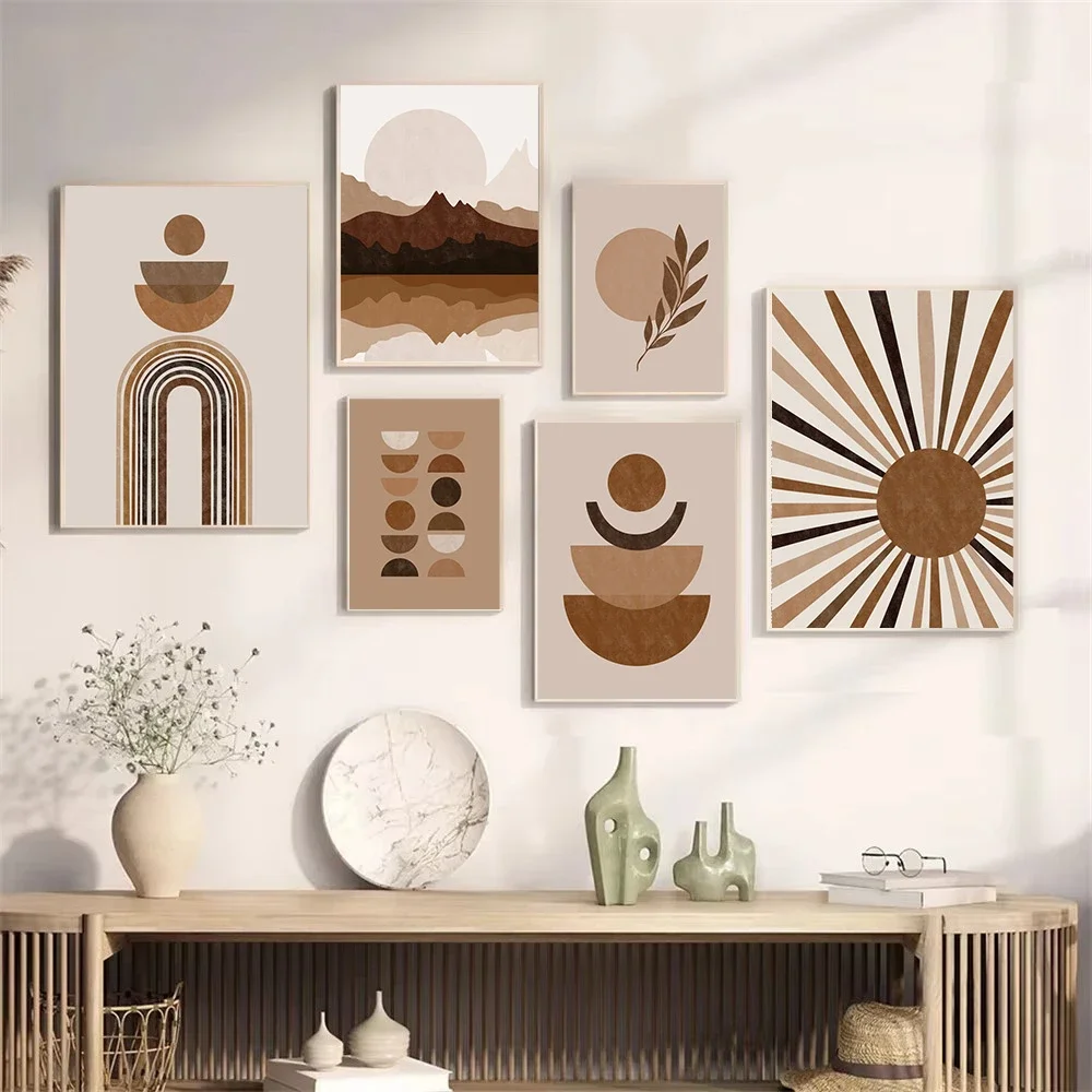 Abstract Boho Brown Sun Canvas Poster Painting Mid Century Geometry Wall Art Print Pictures Modern Living Room Interior Decor