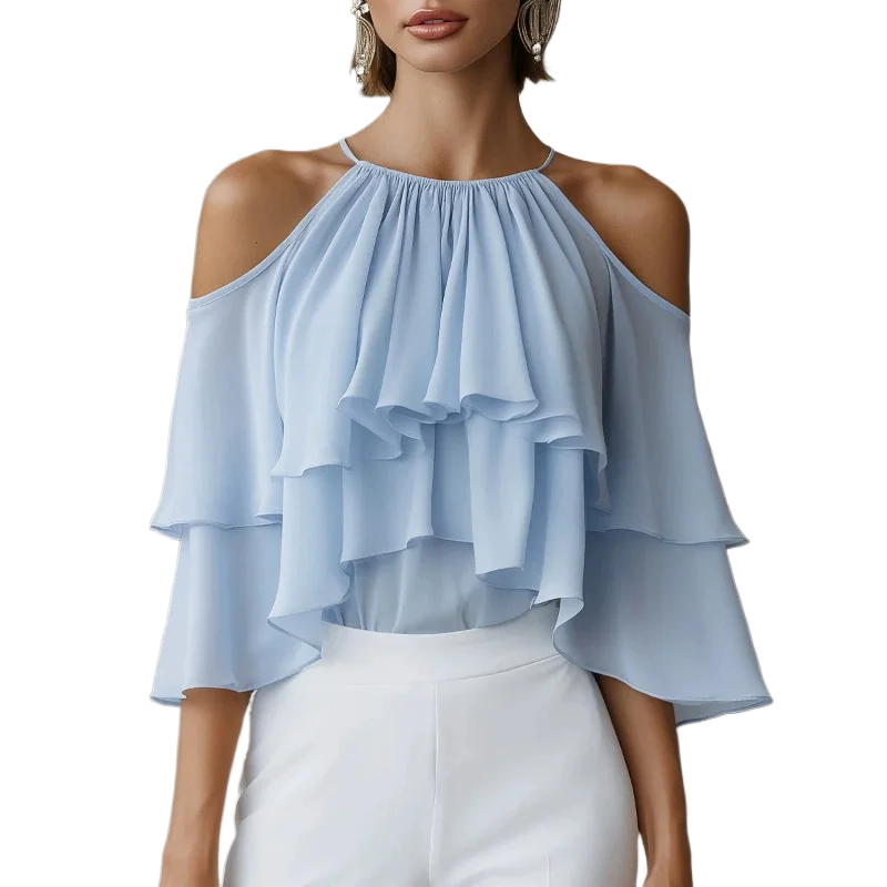 Women Elegant Off Shoulder Blouse Halter Neck Tiered Ruffle 3/4 Flare Sleeve Top Summer Spring Casual Party Dating Ladies Shirts