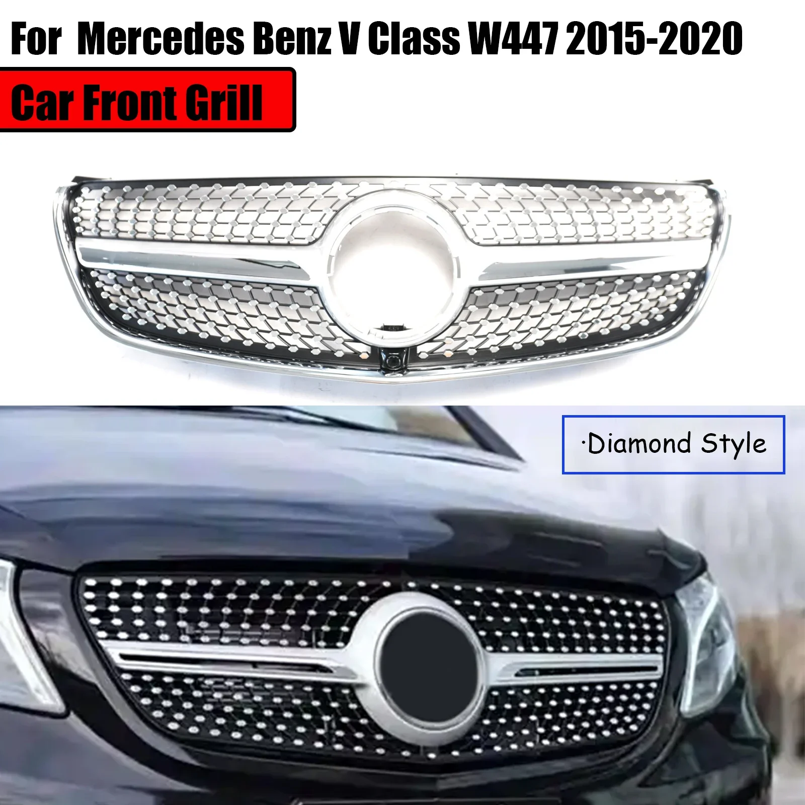 For Mercedes Benz V Class W447 2015 2016 2017 2018 2019 2020 Diamond Style Car Front Bumper Mesh Grille Body Kit Glossy Black