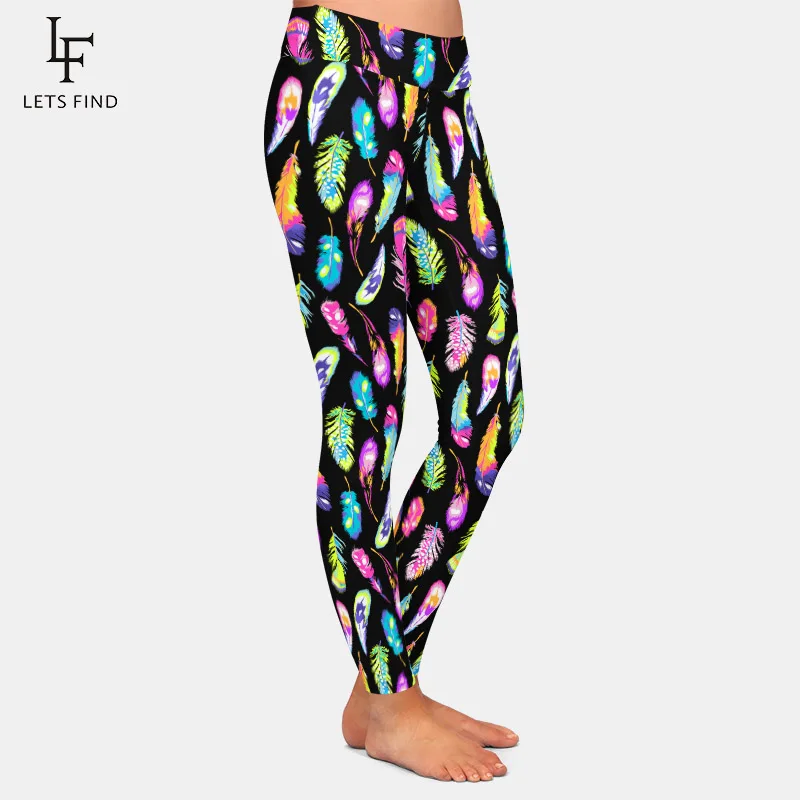 Letsfind 2020 nova moda feminina imprimir leggings 3d arco-íris pena impressão alta wiast macio magro aptidão leggings completos