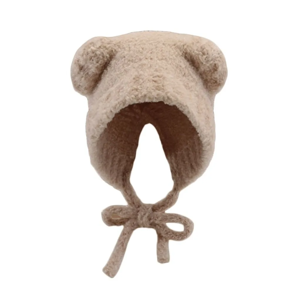 Cute Lace-up Bear Ears Knit Hat Slouchy Warm Ear Protection Hat Thick Fleece Lined Beanie Cap Cold Weather