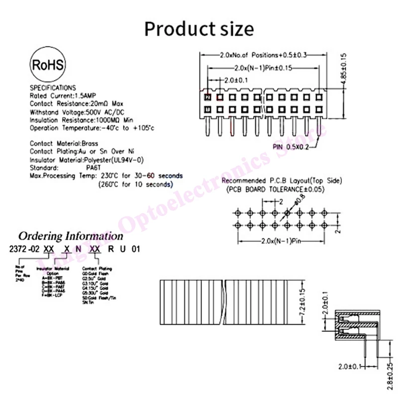 2.0Mm Toonhoogte Dubbele Rij Vrouwelijke Header 2 ~ 40P Pcb Socket Board Pin Header Connector Pin Header 2/3/4/6/10/12/20/40Pin Voor Arduino