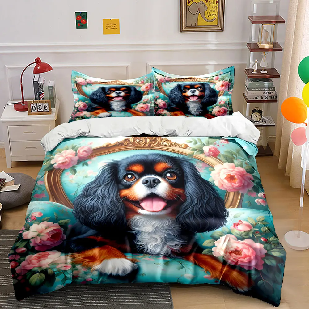 Elegant dog with floral background Pattern Duvet Cover Set Digital Print Colorful Polyester Bedding with Zipper Closur