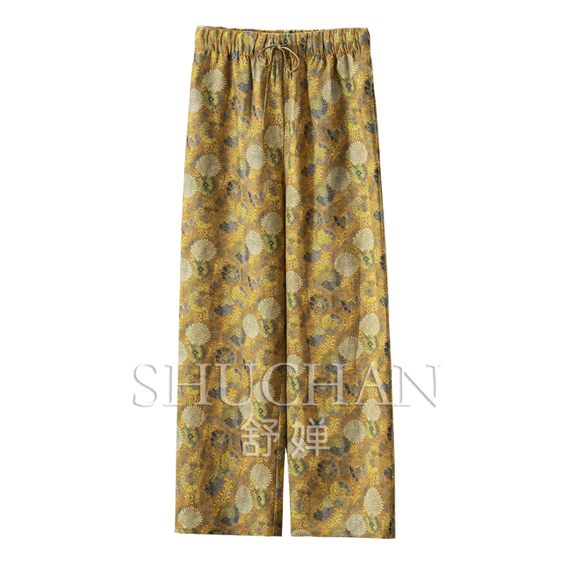 

100% Hemp French Retro Art Printing High Waist Straight Wide Leg Nine-point Pants Women 1Y06