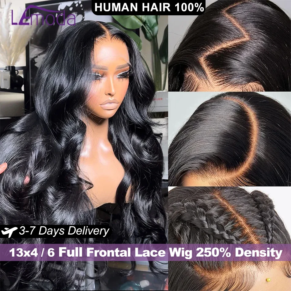 Lemoda 13x6 HD Lace Frontal Wigs Human Hair Body Wave 250% Density Brazilian Virgin Hair Full Frontal Lace Wig Pre plucked 12A