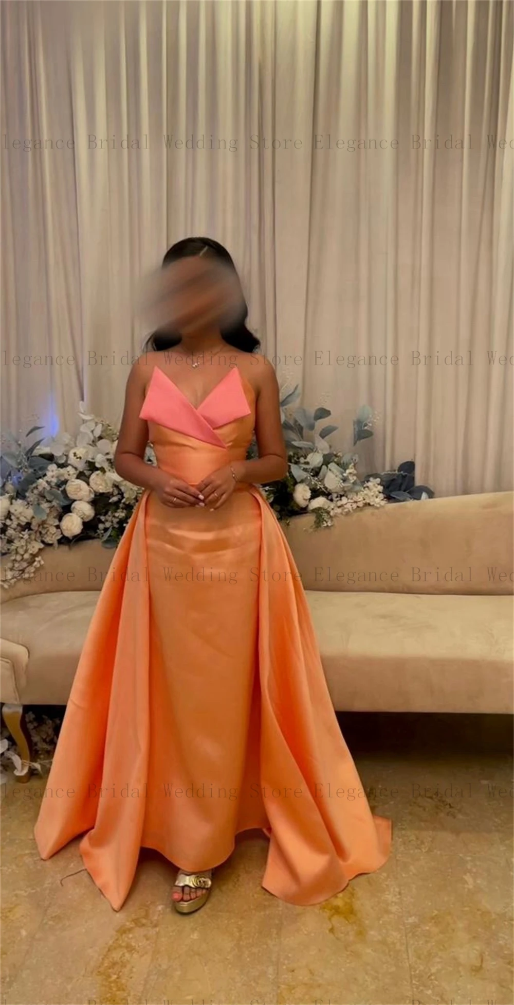 Vestido sexy laranja cetim feminino, vestido sem alças elegante para adolescentes, vestido formal de trem de escova, sereia