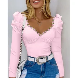 Women Floral Frill V-Neck Puff Sleeve Blouse Autumn Fashion Casual Slim Long Sleeve Pink Top Sexy Elegant Workwear