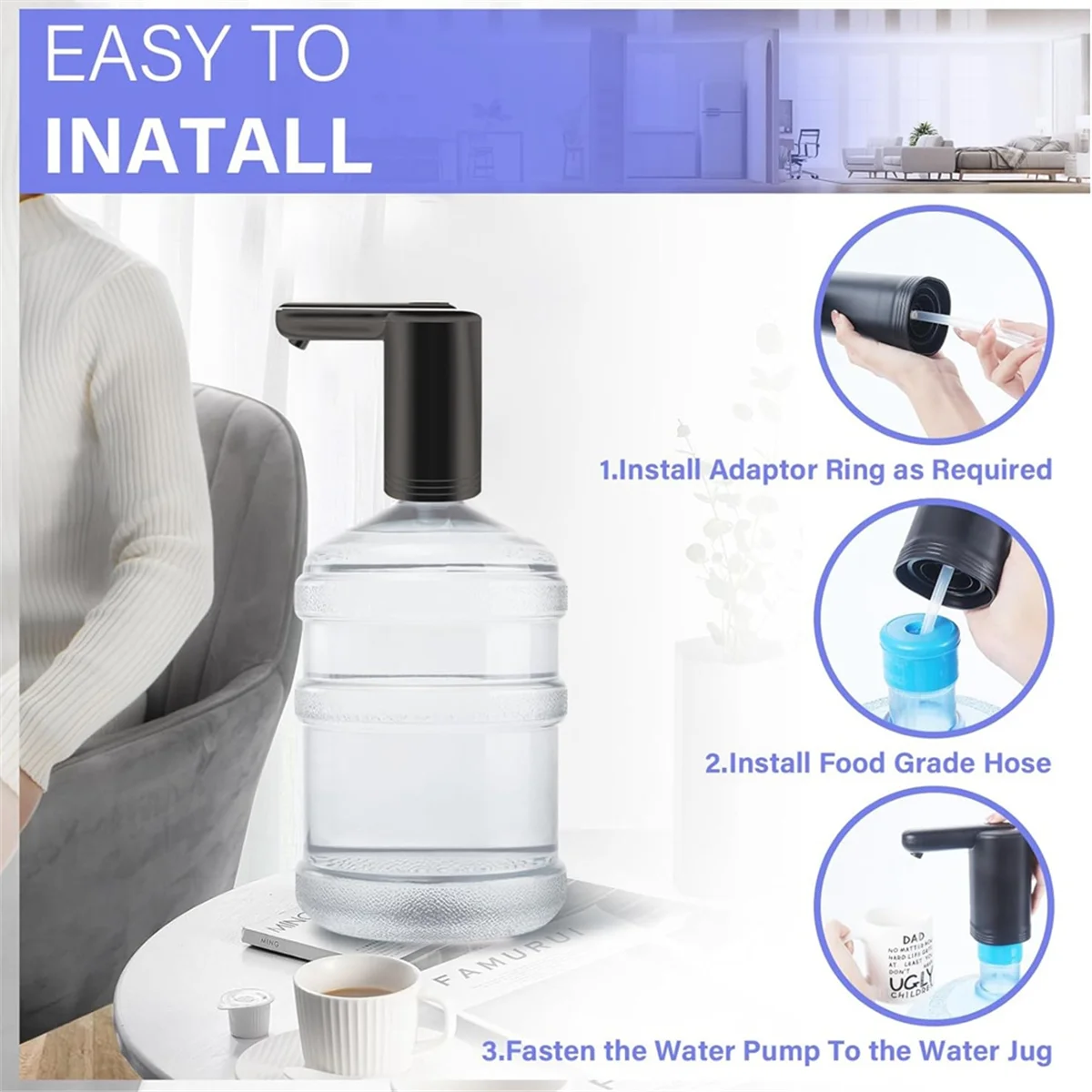 Dispenser air untuk botol 5 galon, pompa air pemompa cepat Universal 2 Motor, pengisian daya USB portabel hitam