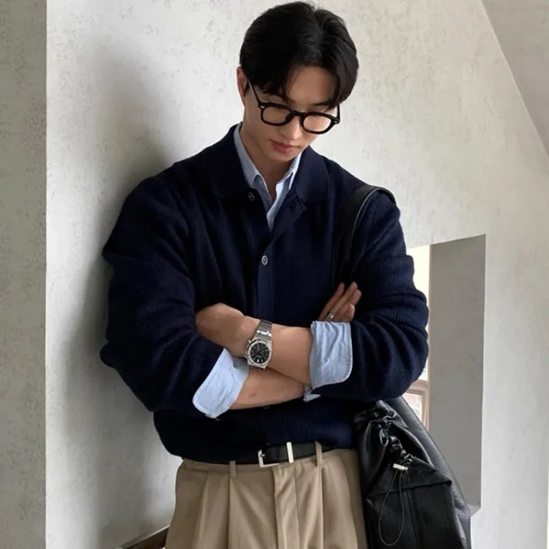 

Сплошной цвет, свитер с лацканами, кардиган, куртка, мужской осенний корейский стиль, модный повседневный топ