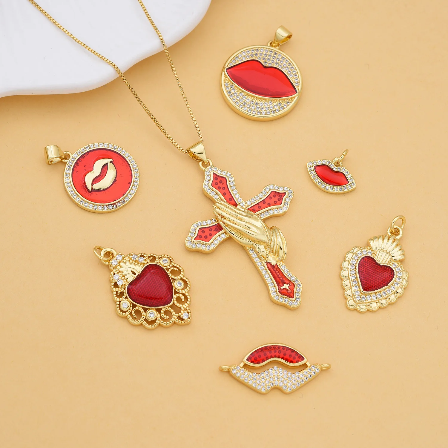 5 Pieces European and American Red Oil Dripping Love Cross Necklace Pendant DIY Jewelry Making Materials Accessories Wholesale