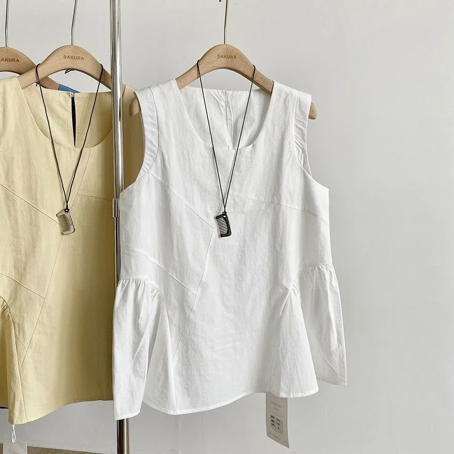 Korean Short Sleeved Solid Top Women's Loose Fitting Pleated Round Neck Vest Summer New Fashionable A-line Skirt Shirt Tee