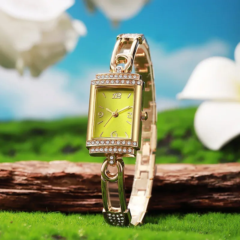 Luxury Rhinestone Ladies Wristwatch Rectangle Green Dial Gold Metal Bracelet Quartz Watch Fashion Women Dress Wrist Watch