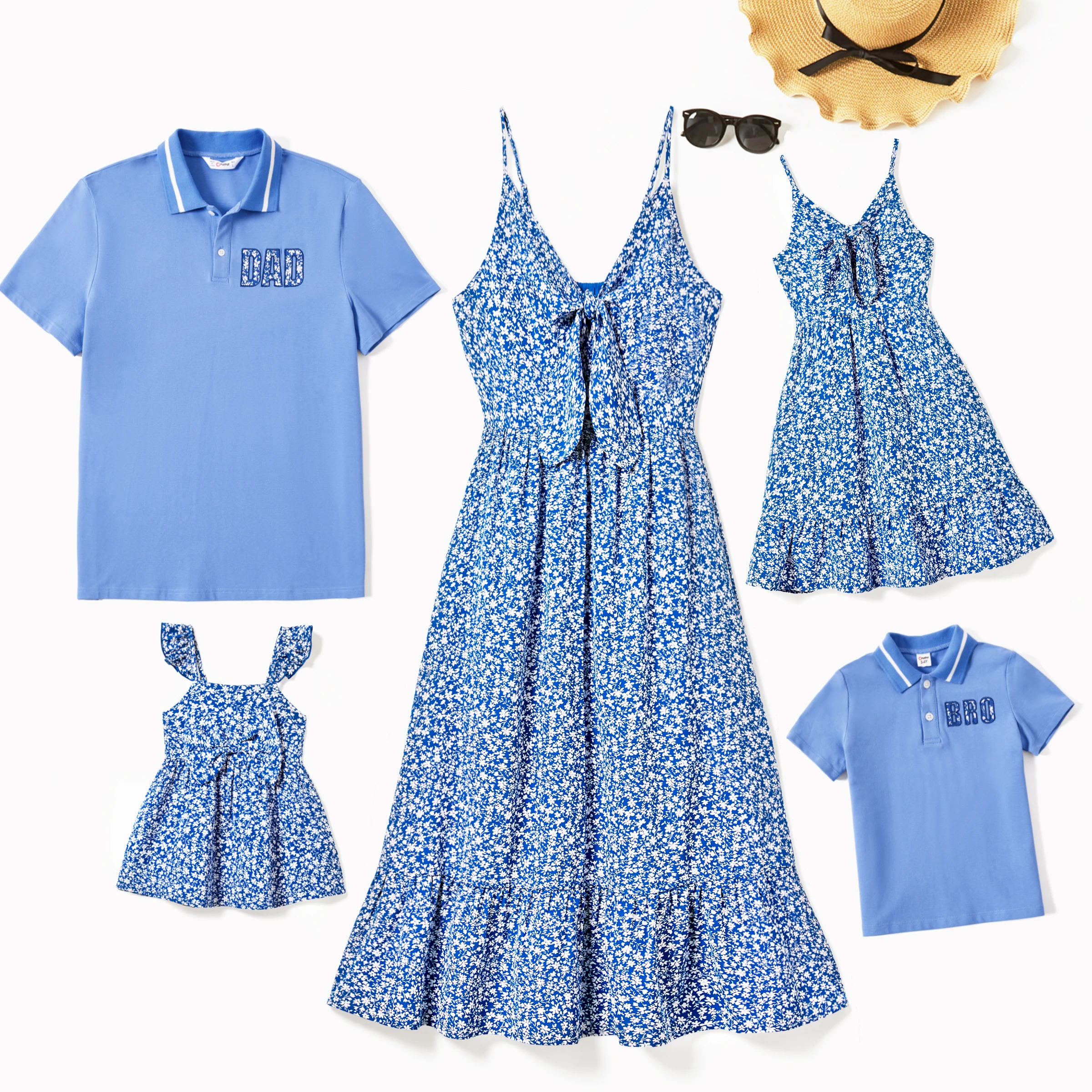 PatPat Family Matching Ditsy Floral Tie Front Strap Dress and Polo Shirt Sets