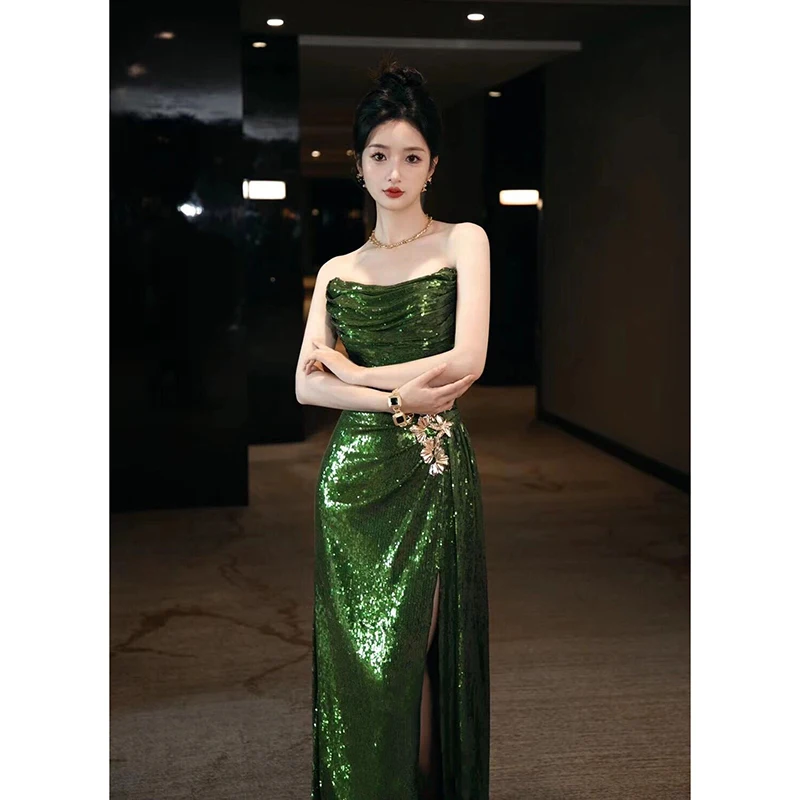 Customized Luxury Sequins Green Mermaid Evening Dress Sexy Strapless Glittering High-Split Prom Formal Gowns Vestidos De Noche