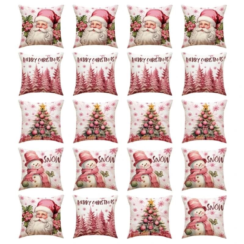 Christmas Cheer Linen Pillow Cover with Reindeers, Set of 4 for Gifting and Home Decoration 45x45cm