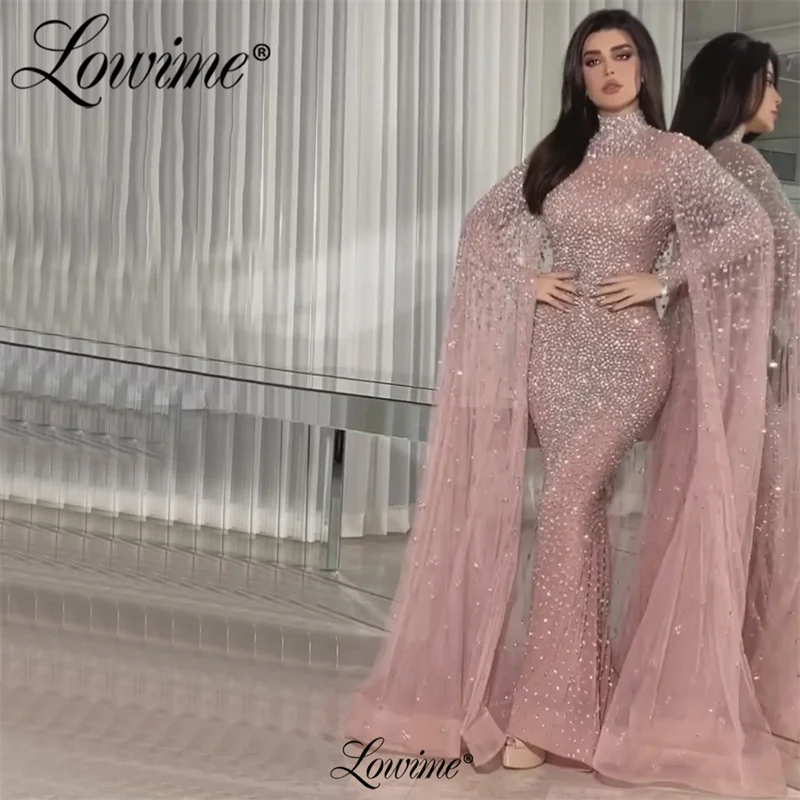 Lowime Design Design Muslim Glitter Long Sleeve Evening Dresses 2023 Beaded Crystals Mermaid Champagne Pink Woman Party Gowns