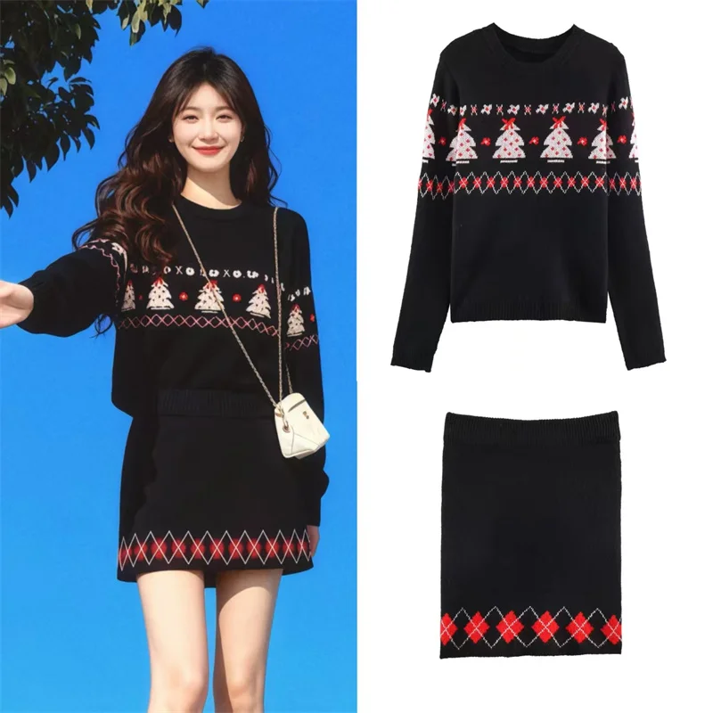 

Женский костюм, новинка зимы 209, черный жаккардовый комплект с круглым вырезом и длинными рукавами в рождественском стиле, вязаный пуловер, топ и мини-юбка