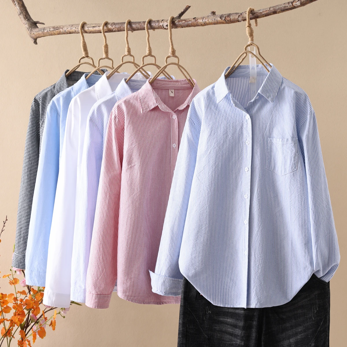 

Новая весенняя повседневная женская рубашка Оксфорд из 100% хлопка 2026 года. Качественная женская блузка и топы. Женские белые и синие полосатые рубашки. Одежда.