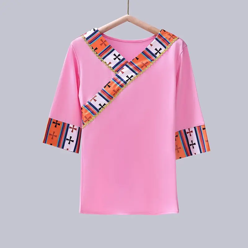 The Zang – hauts de nationalité d'été, vêtements de danseuse de la minorité chinoise, vêtements de Festival élastiques à manches courtes