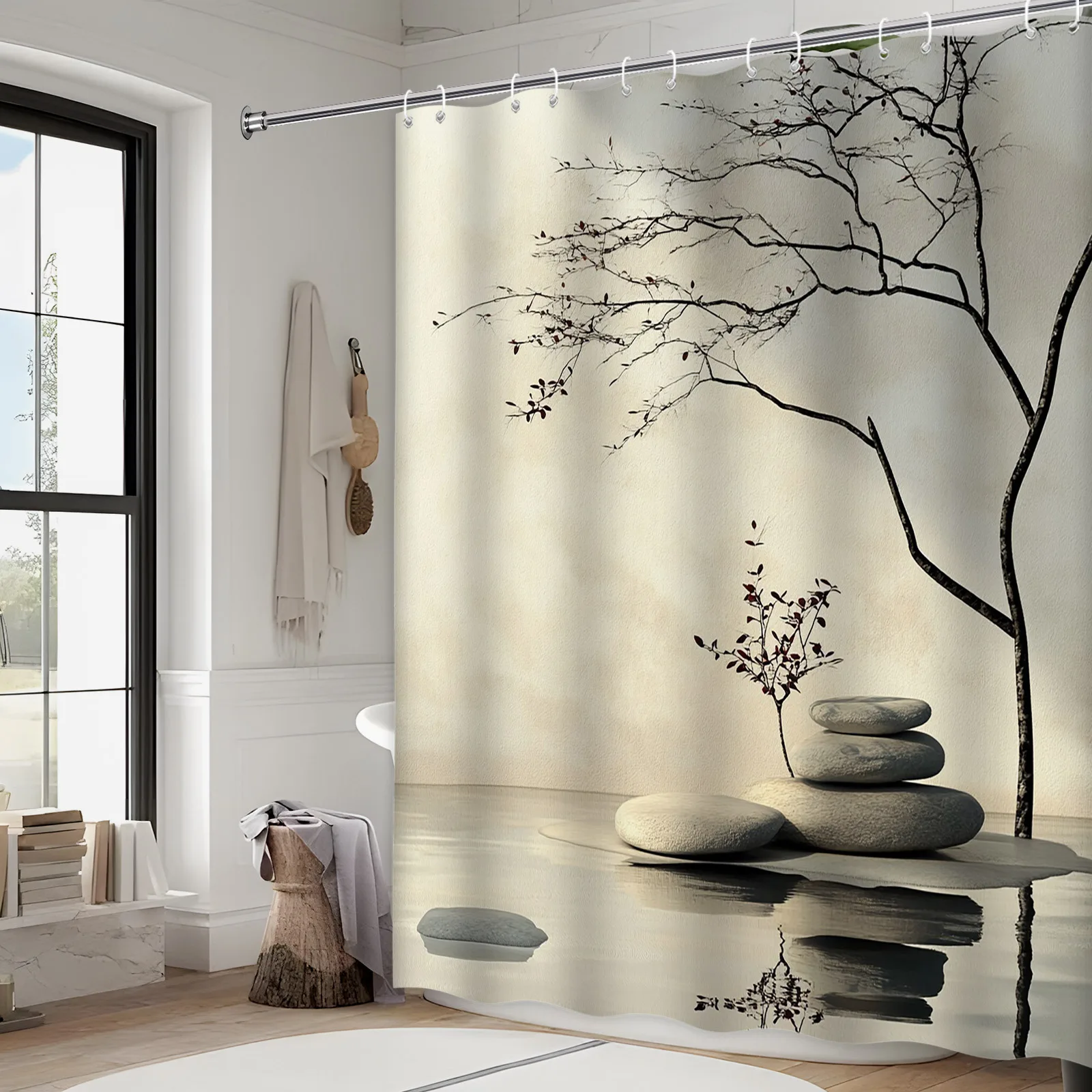 Minimalist Japanese Ink Wash Tree and Stacked Stones Bathroom Shower Curtain for Zen Spa Decor