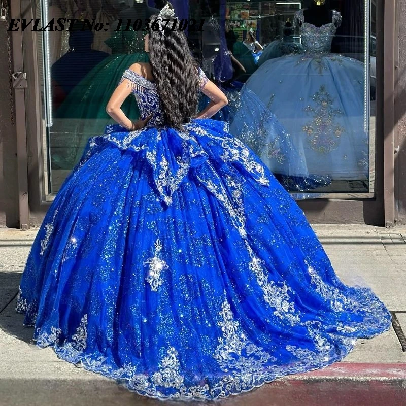 EVLAST-Vestido de Baile Quinceanera Azul Royal, Applique de Renda Prateada, Miçol com Arco, Sweet 16, México, SQ142, 15